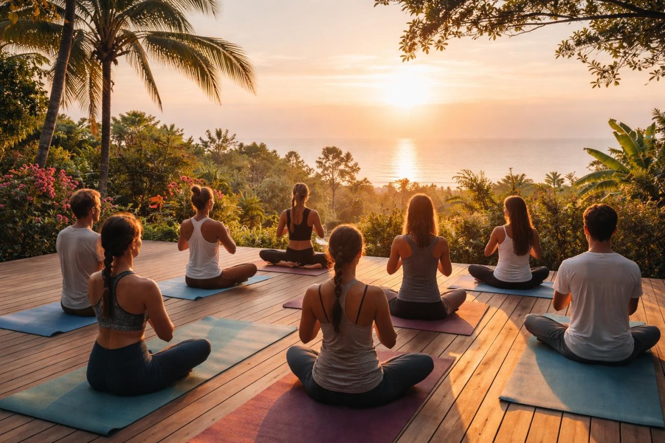 gruppe på yogaretreat som mediterer i naturen ved soloppgang